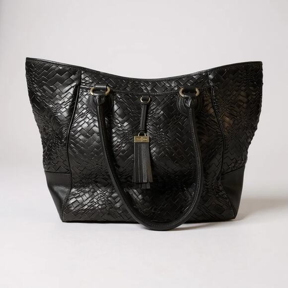 Cole Haan Black Woven Leather Tote Bag with Tassel Accent - Picture 2 of 11